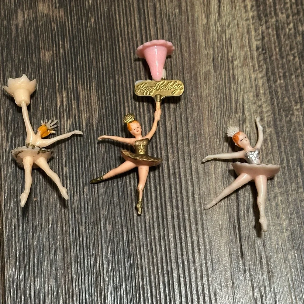 Vintage ballerina dancer candle holder birthday cake topper cupcake picks VTG